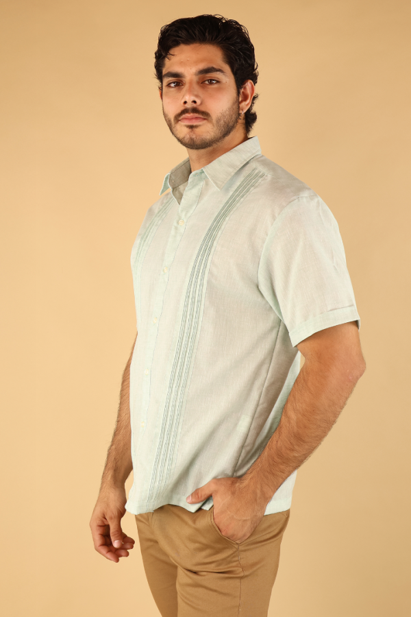 Camisa Tipo Guayabera Verde Manzana Hombre Manga Corta Alforzada